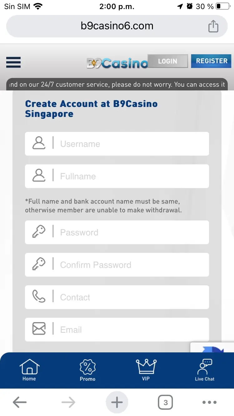 B9Casino 注册界面截图